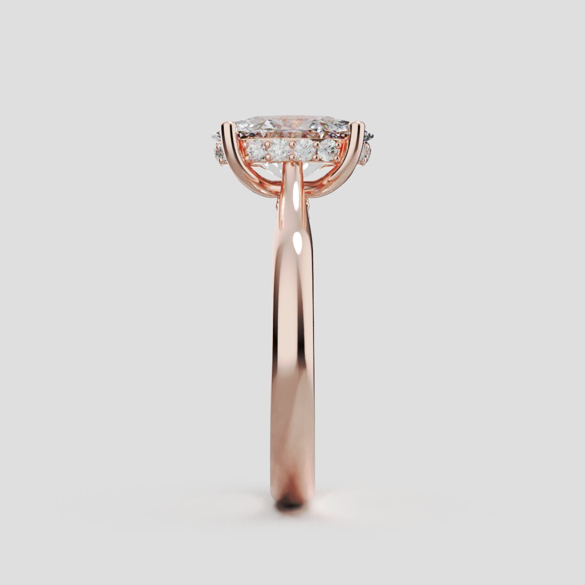 Volta, 1.5ct oval lab grown diamond engagement ring, Cathedral Hidden Halo Bridge, 18K rose gold - side view