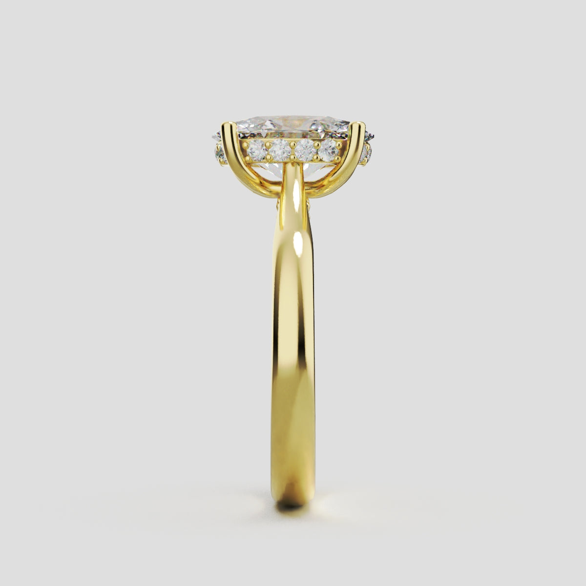Volta, 1.5ct oval lab grown diamond engagement ring, Cathedral Hidden Halo Bridge, 18K yellow gold - side view