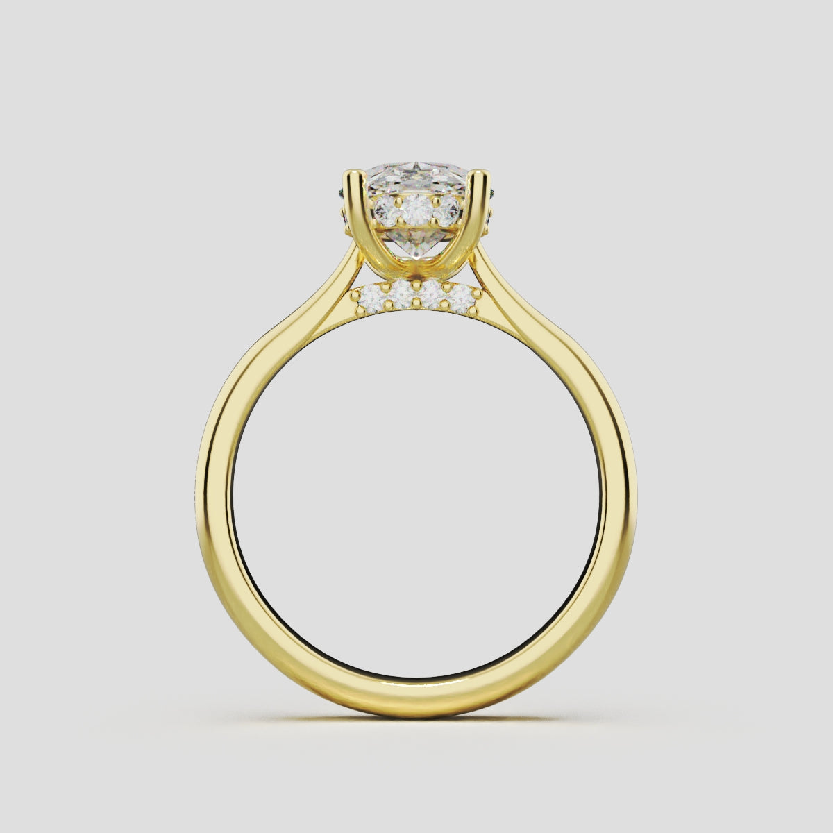 Volta, 1.5ct oval lab grown diamond engagement ring, Cathedral Hidden Halo Bridge, 18K yellow gold - through finger