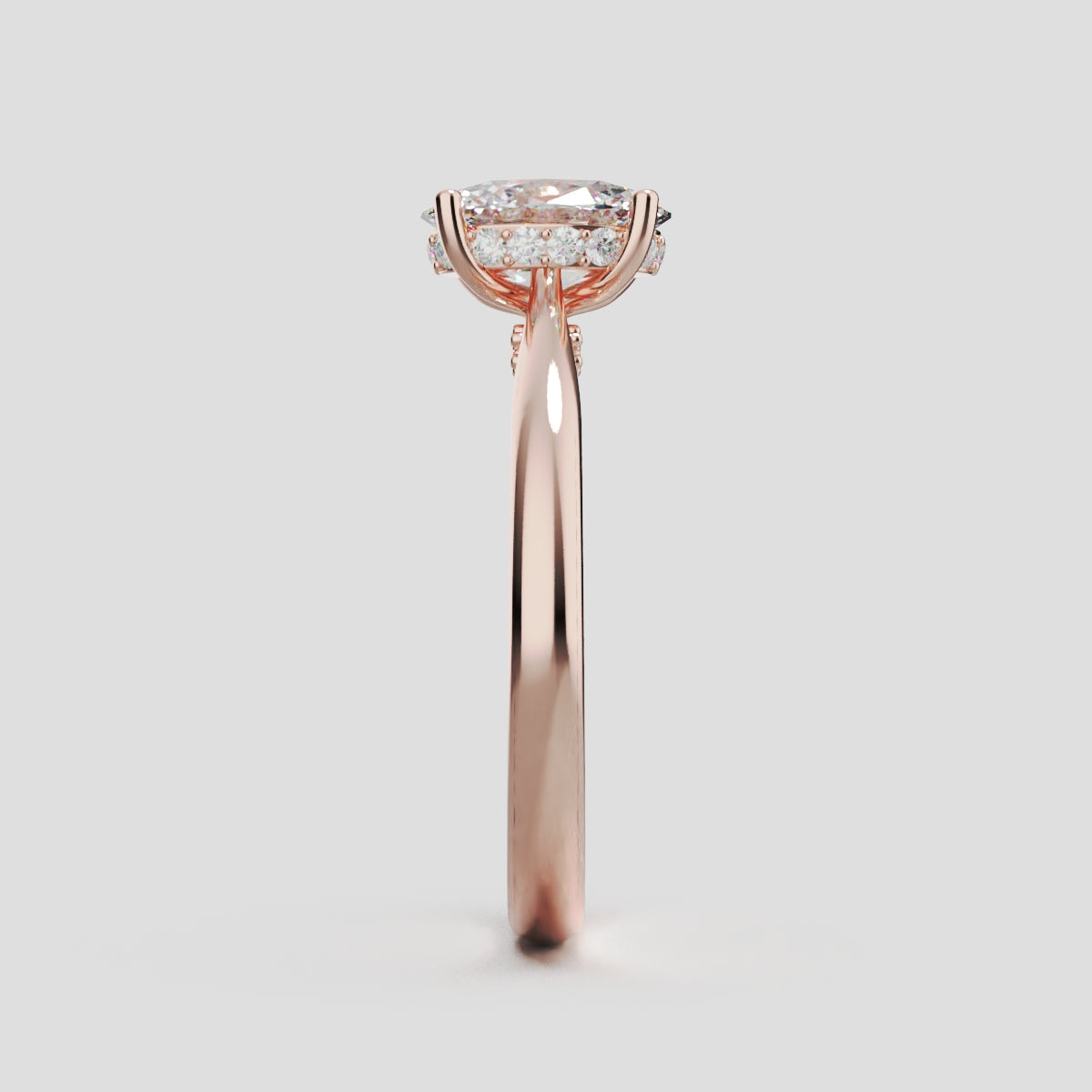 Volta, 1ct oval lab grown diamond engagement ring, Cathedral Hidden Halo Bridge, 18K rose gold - side view