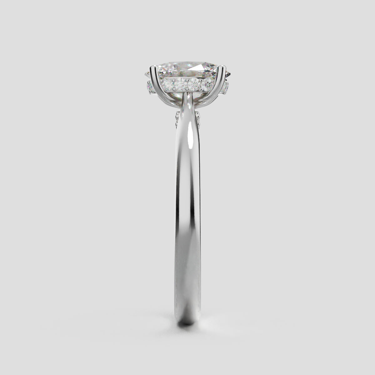 Volta, 1ct oval lab grown diamond engagement ring, Cathedral Hidden Halo Bridge, 18K white gold - side view
