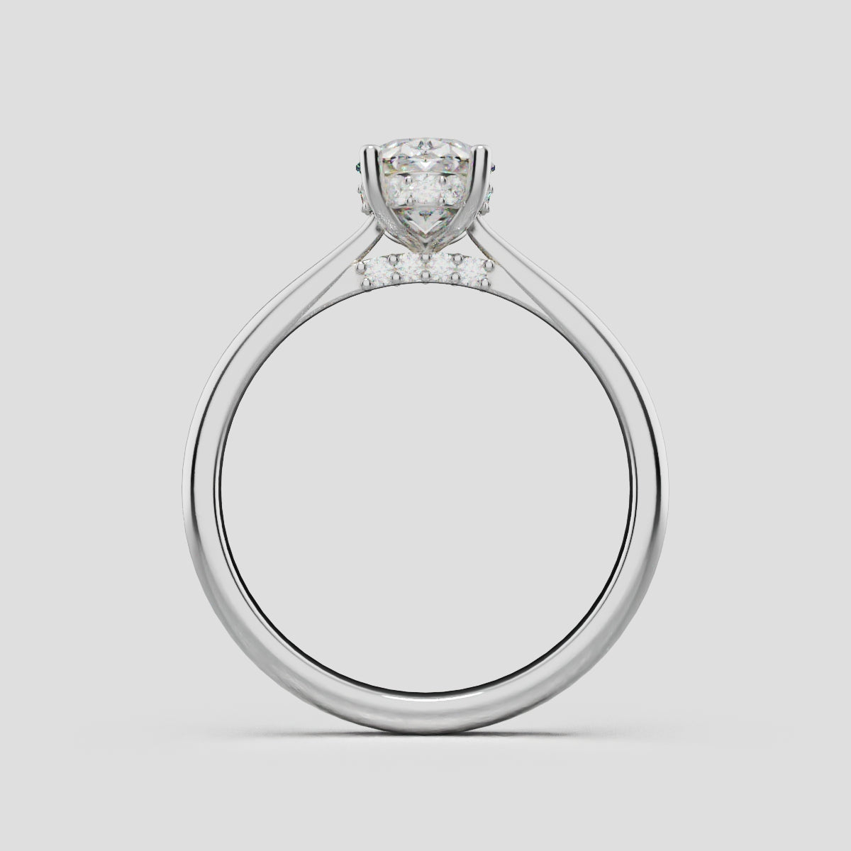 Volta, 1ct oval lab grown diamond engagement ring, Cathedral Hidden Halo Bridge, 18K white gold - through finger