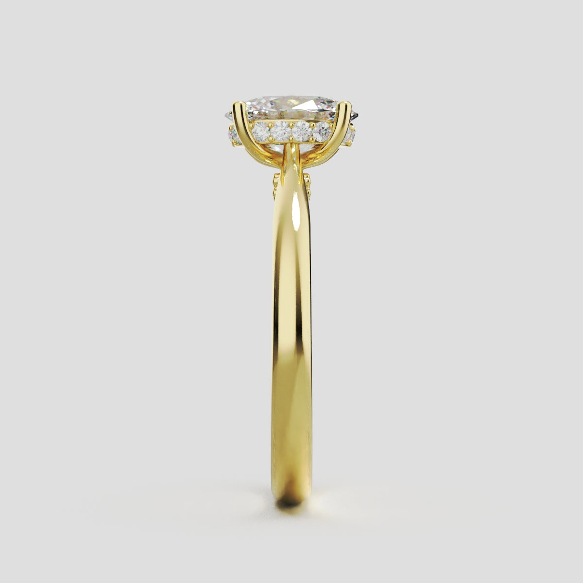 Volta, 1ct oval lab grown diamond engagement ring, Cathedral Hidden Halo Bridge, 18K yellow gold - side view