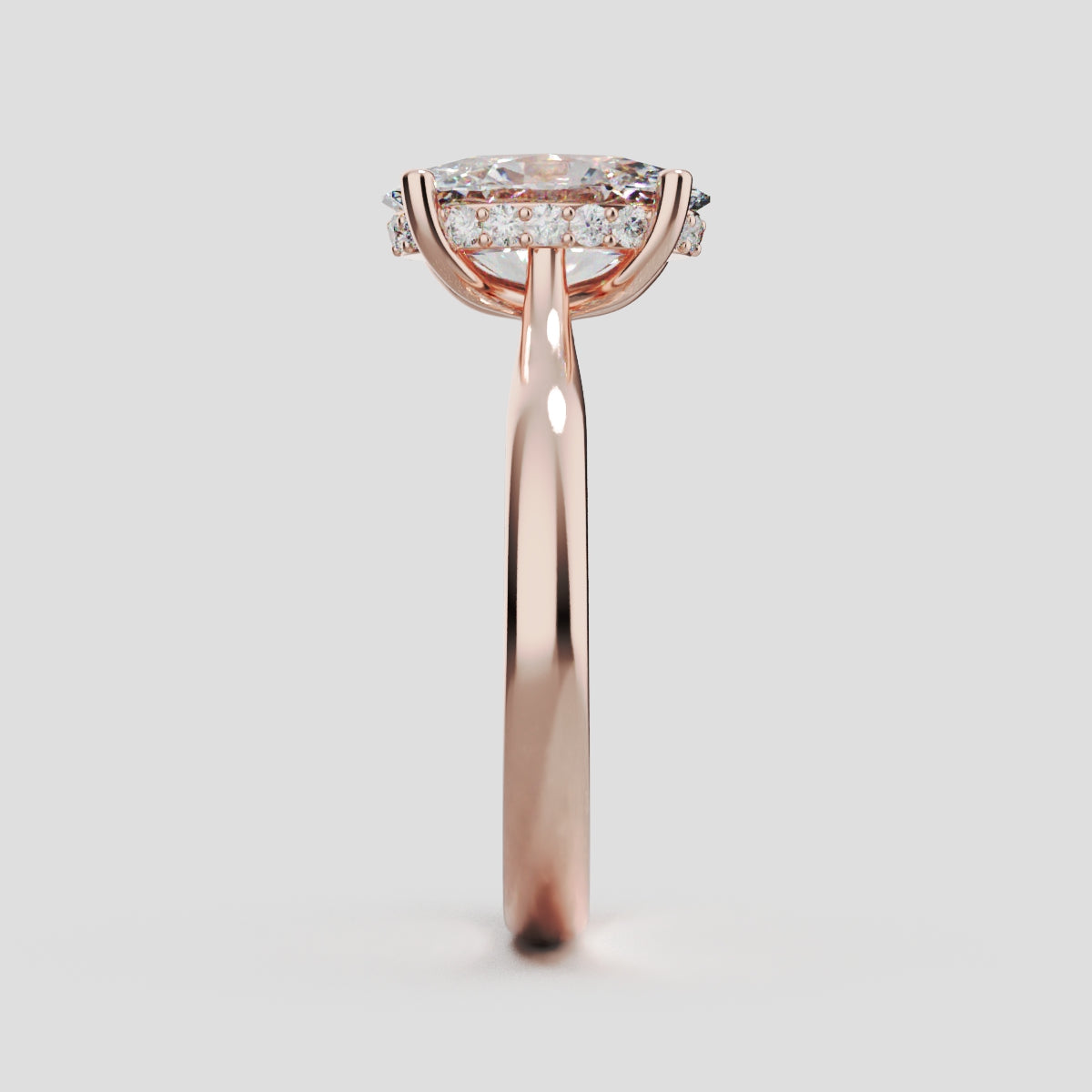 Volta, 2ct oval lab grown diamond engagement ring, Cathedral Hidden Halo Bridge, 18K rose gold - side view