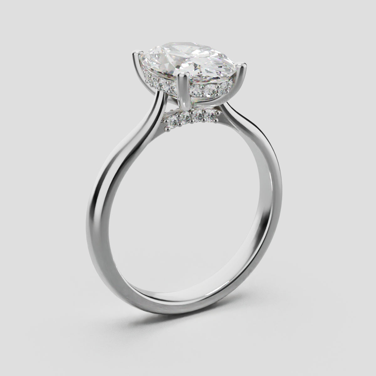 Volta, 2ct oval lab grown diamond engagement ring, Cathedral Hidden Halo Bridge, 18K white gold - ne