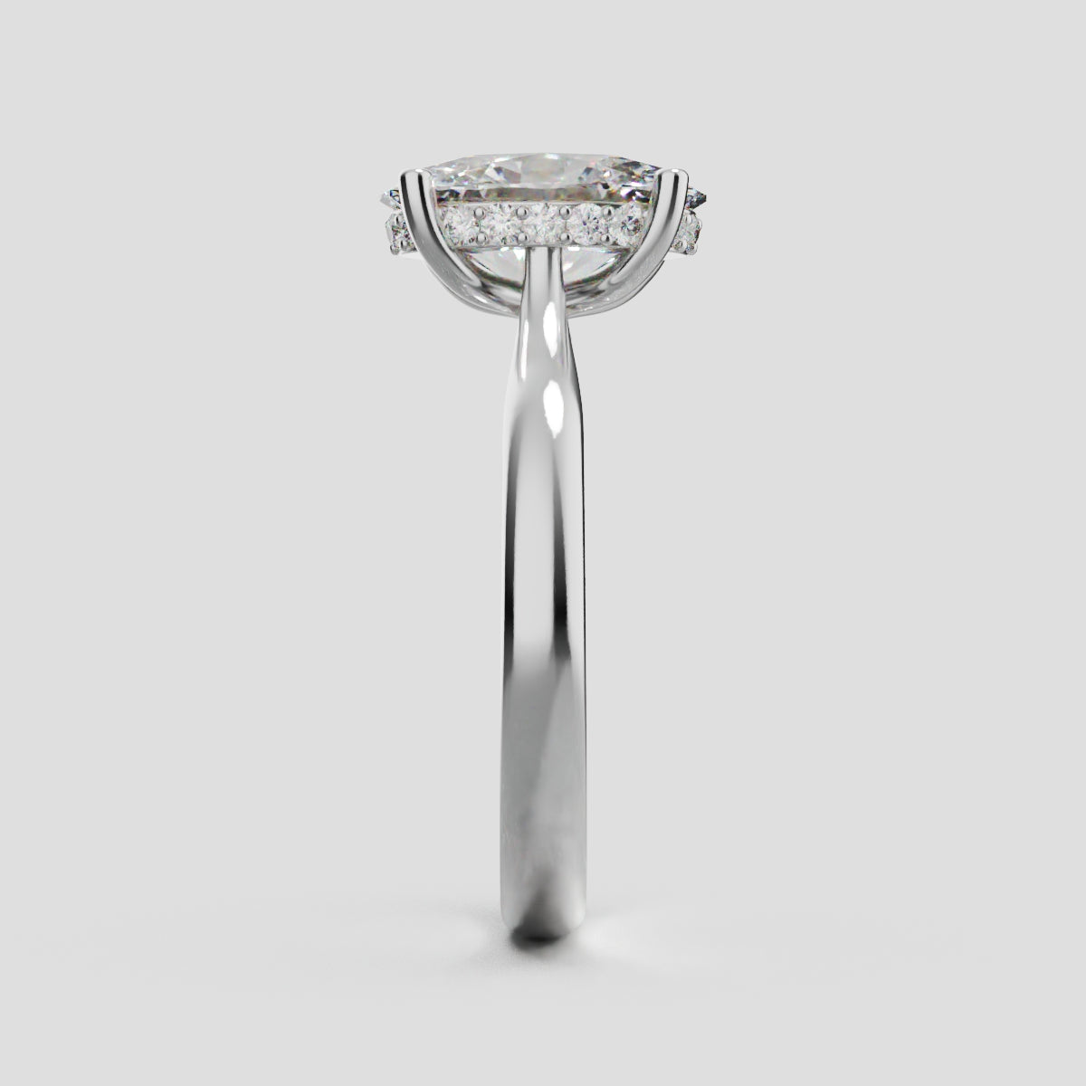 Volta, 2ct oval lab grown diamond engagement ring, Cathedral Hidden Halo Bridge, 18K white gold - side view
