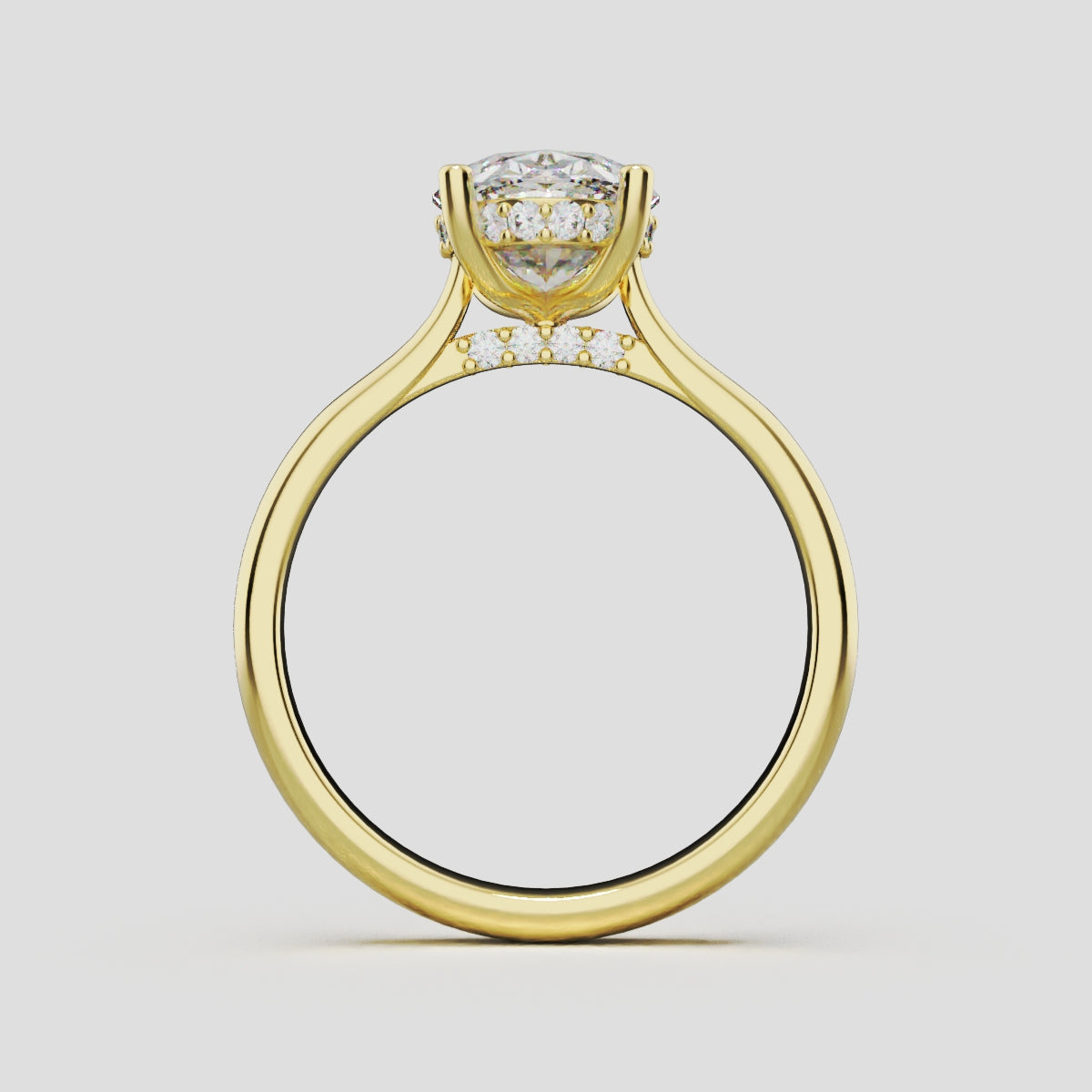 Volta, 2ct oval lab grown diamond engagement ring, Cathedral Hidden Halo Bridge, 18K yellow gold - through finger