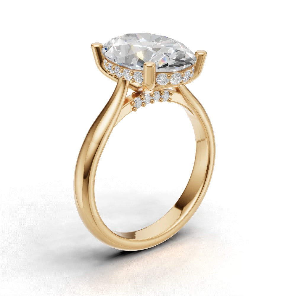 Volta, 3ct oval lab grown diamond engagement ring, Cathedral Hidden Halo Bridge, 18K yellow gold - ne