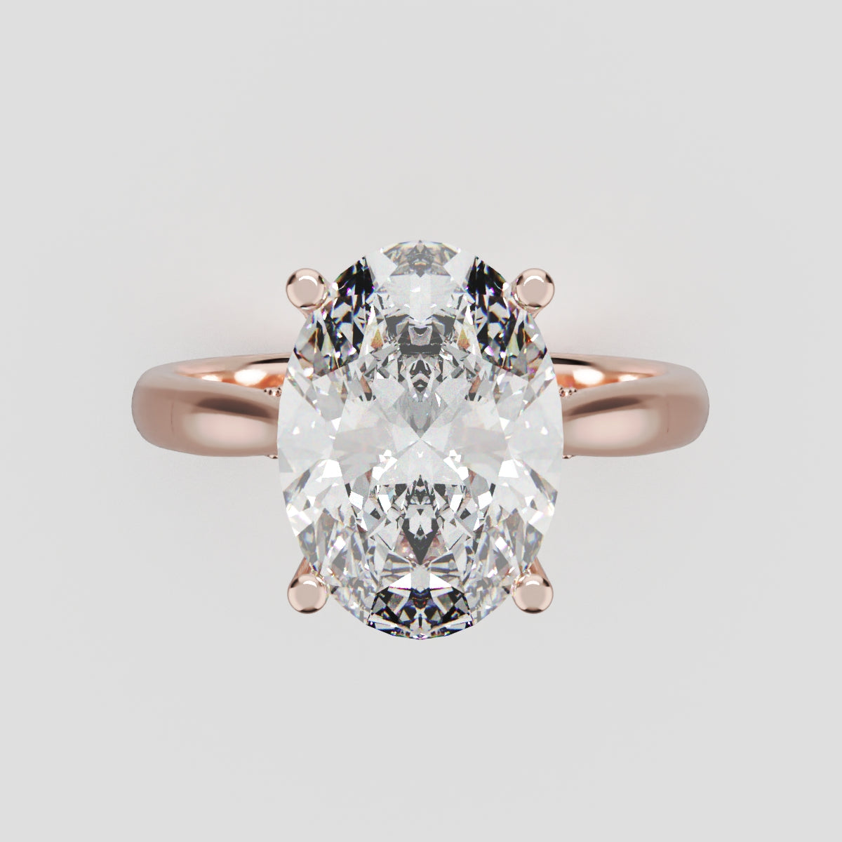 Volta, 3ct oval lab grown diamond engagement ring, Cathedral Hidden Halo Bridge, 18K rose gold - front view
