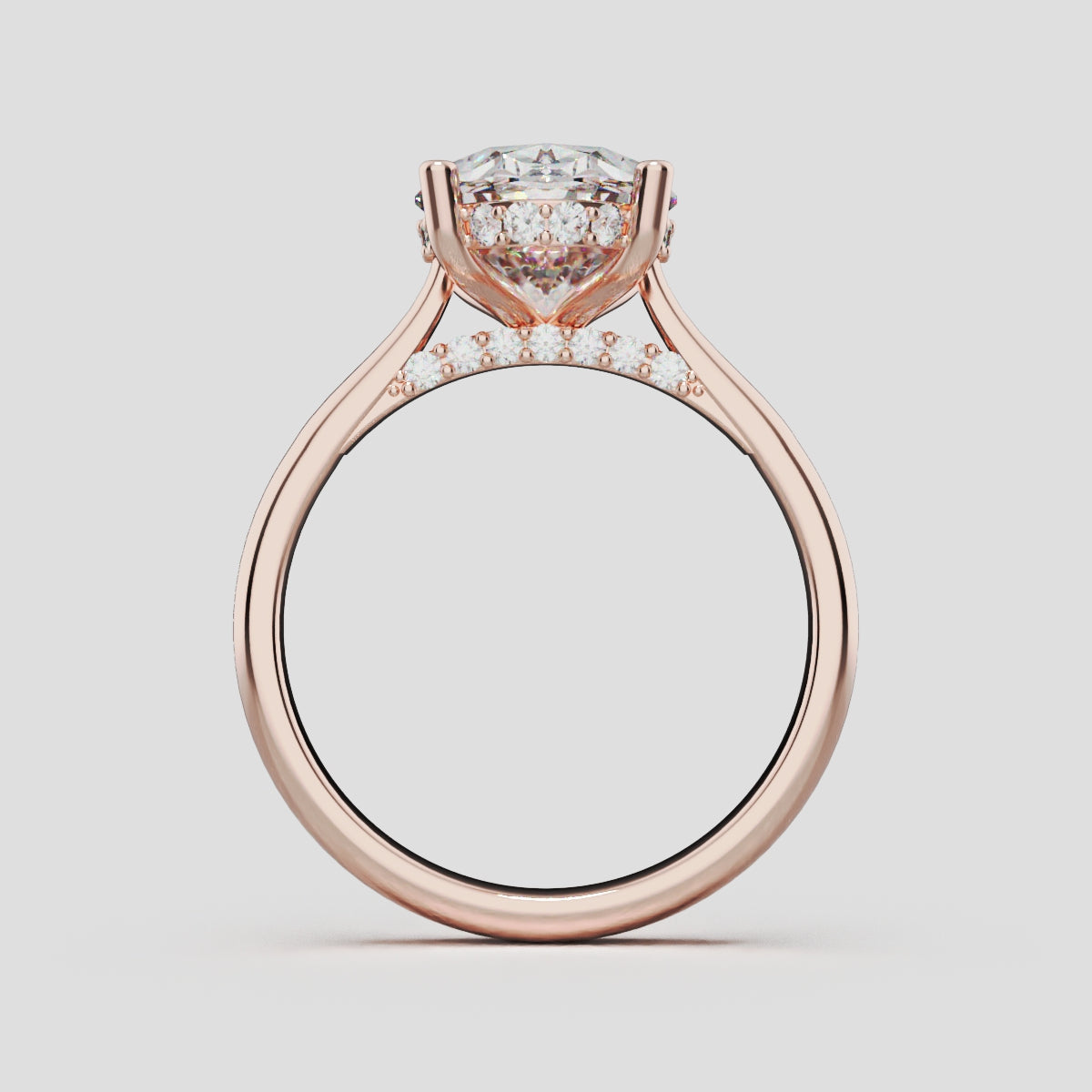Volta, 3ct oval lab grown diamond engagement ring, Cathedral Hidden Halo Bridge, 18K rose gold - through finger