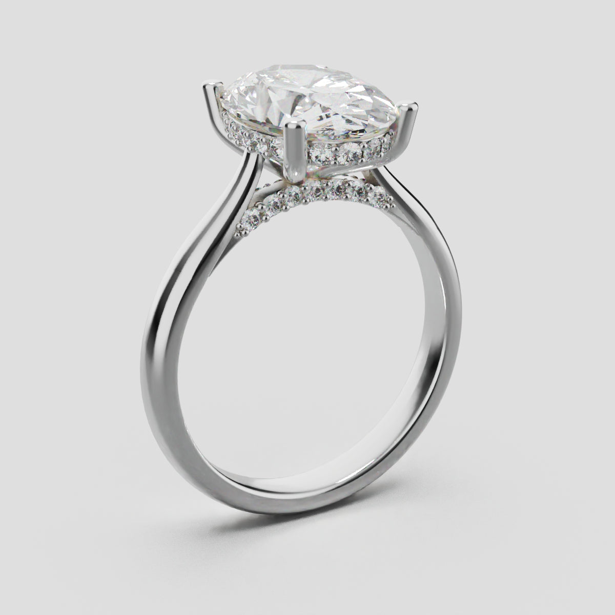 Volta, 3ct oval lab grown diamond engagement ring, Cathedral Hidden Halo Bridge, 18K white gold - ne