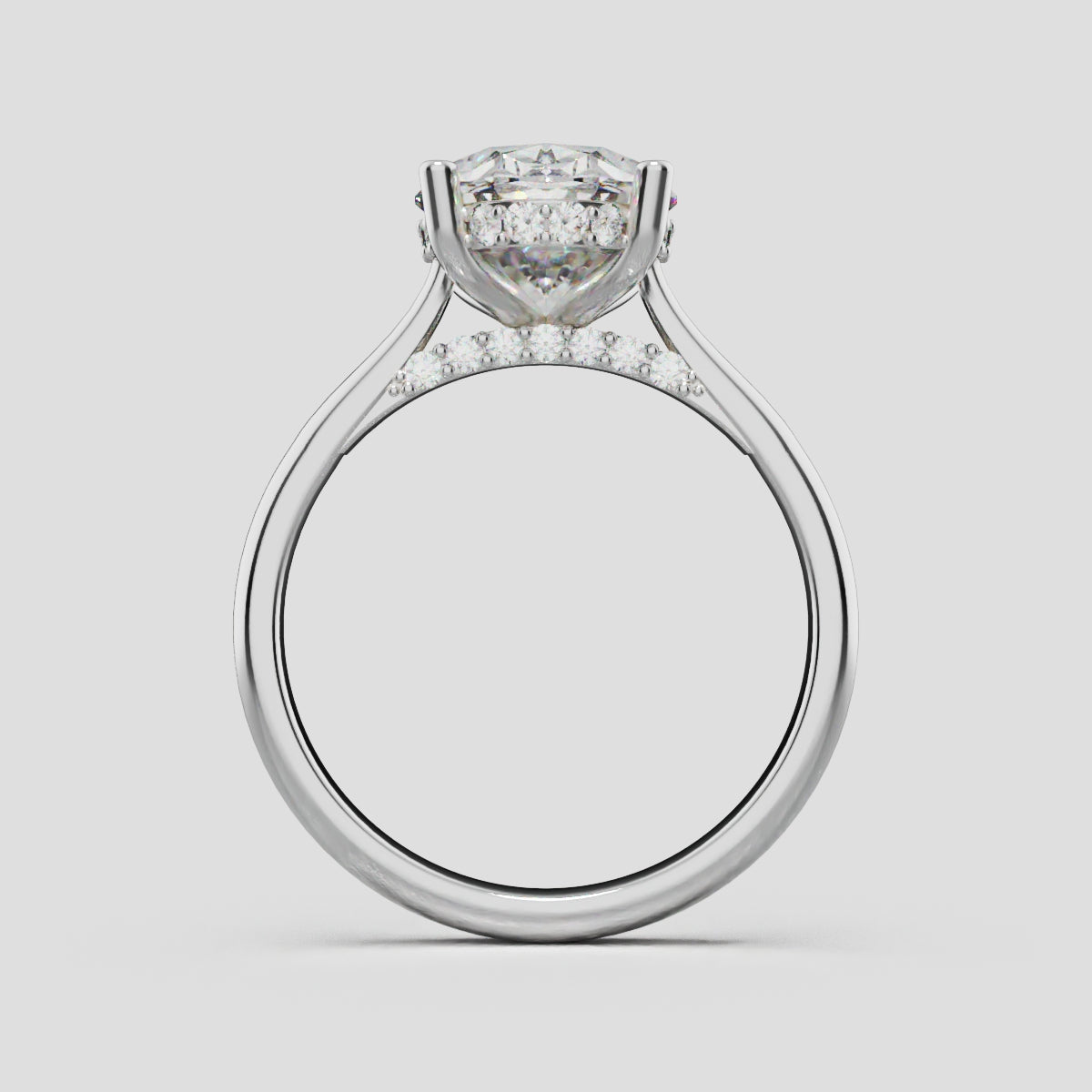 Volta, 3ct oval lab grown diamond engagement ring, Cathedral Hidden Halo Bridge, 18K white gold - through finger