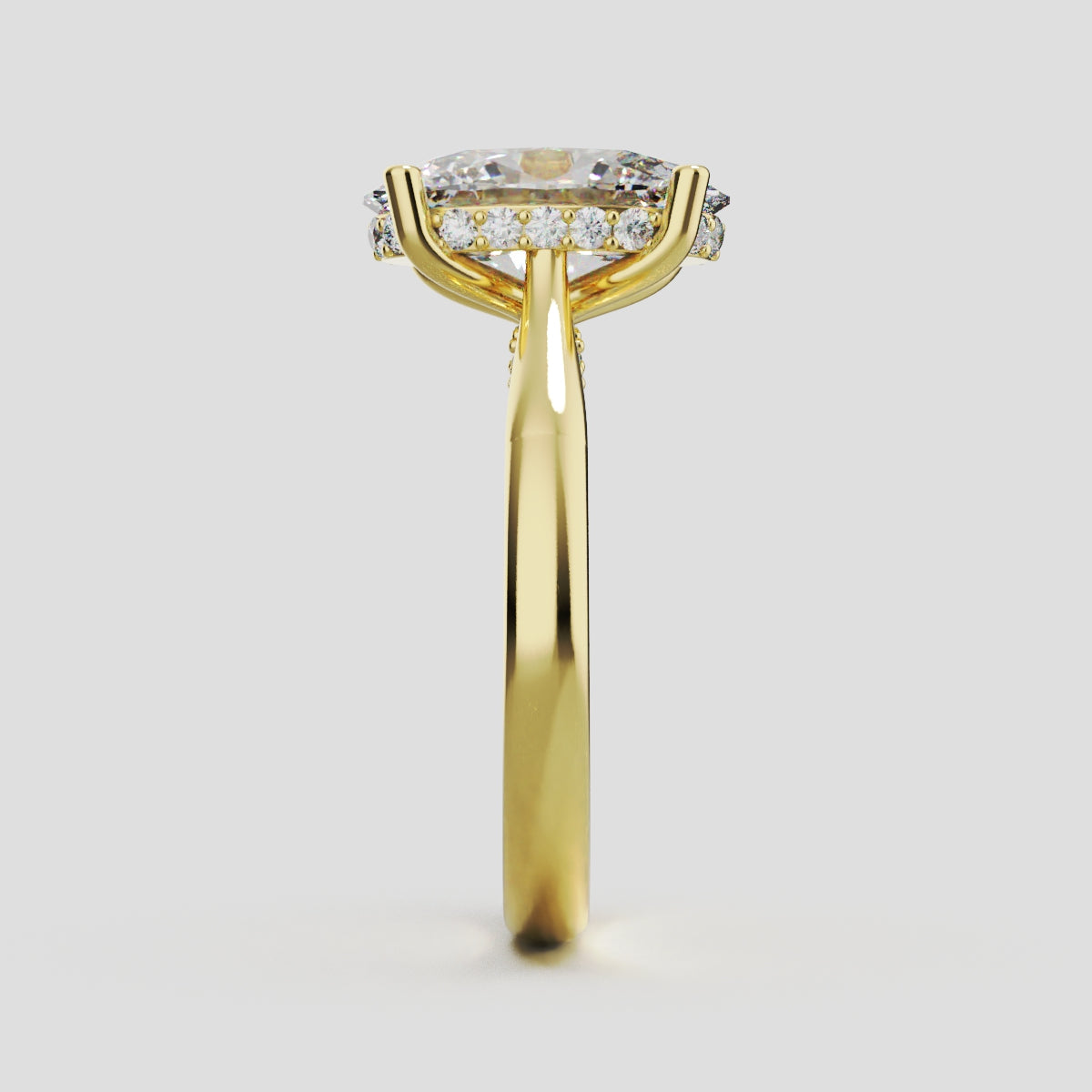 Volta, 3ct oval lab grown diamond engagement ring, Cathedral Hidden Halo Bridge, 18K yellow gold - side view