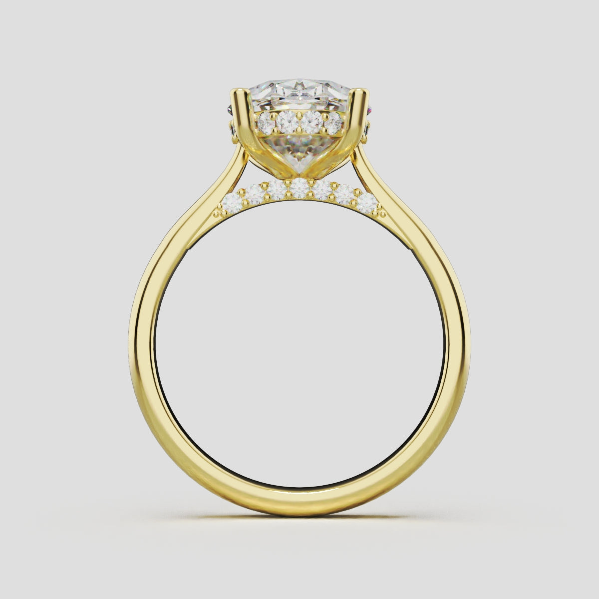Volta, 3ct oval lab grown diamond engagement ring, Cathedral Hidden Halo Bridge, 18K yellow gold - through finger