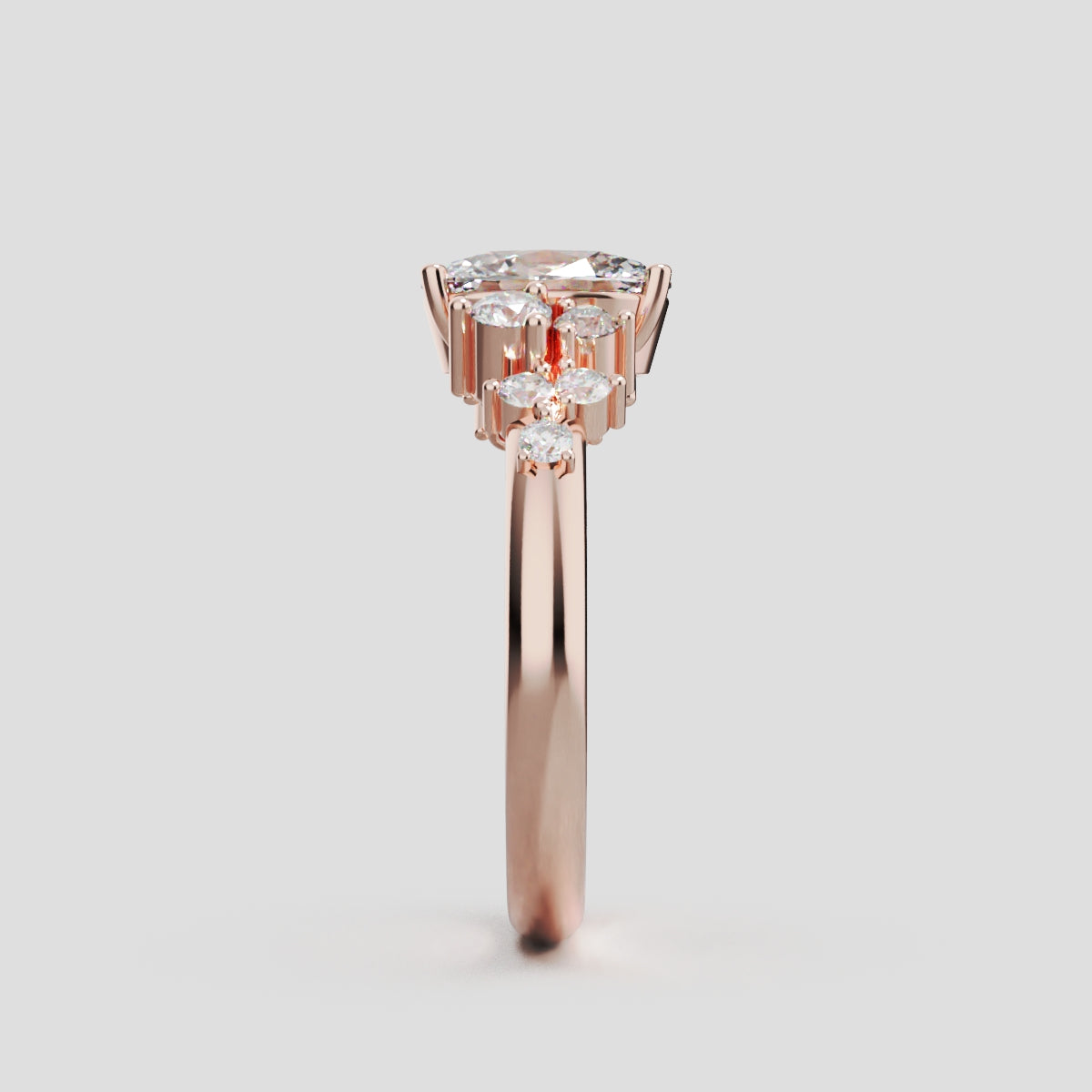 Sciame, 1ct oval lab grown diamond engagement ring, Cluster, 18K rose gold - side view