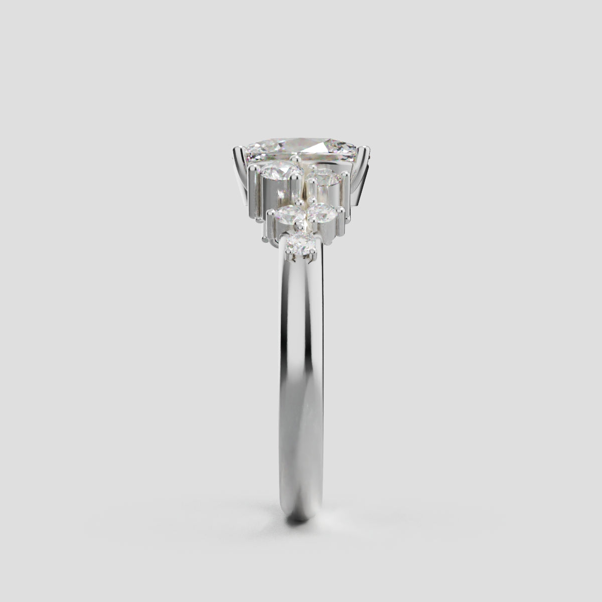Sciame, 1ct oval lab grown diamond engagement ring, Cluster, 18K white gold - side view