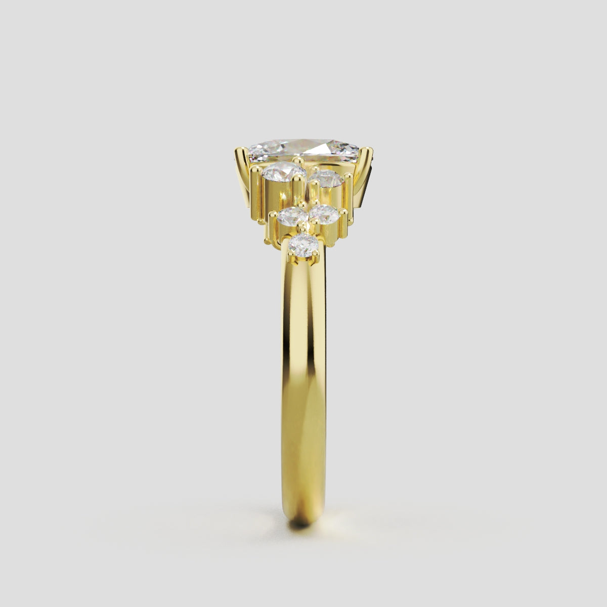 Sciame, 1ct oval lab grown diamond engagement ring, Cluster, 18K yellow gold - side view