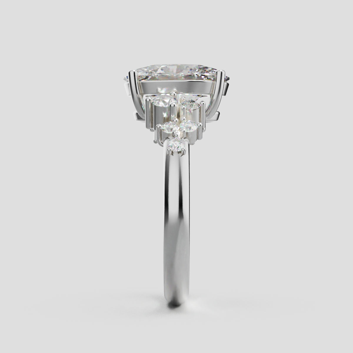 Sciame, 2ct oval lab grown diamond engagement ring, Cluster, 18K white gold - side view