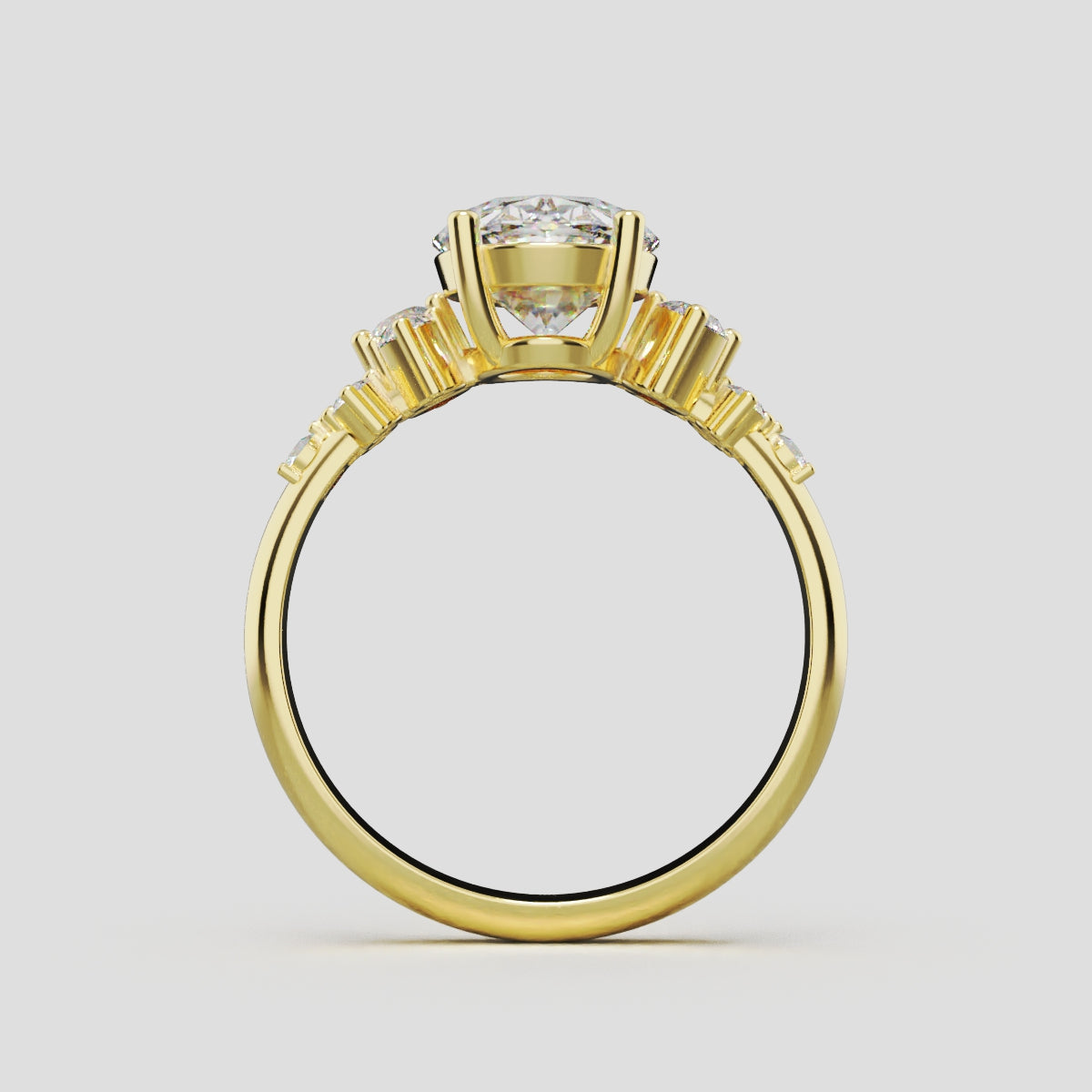 Sciame, 2ct oval lab grown diamond engagement ring, Cluster, 18K yellow gold - through finger