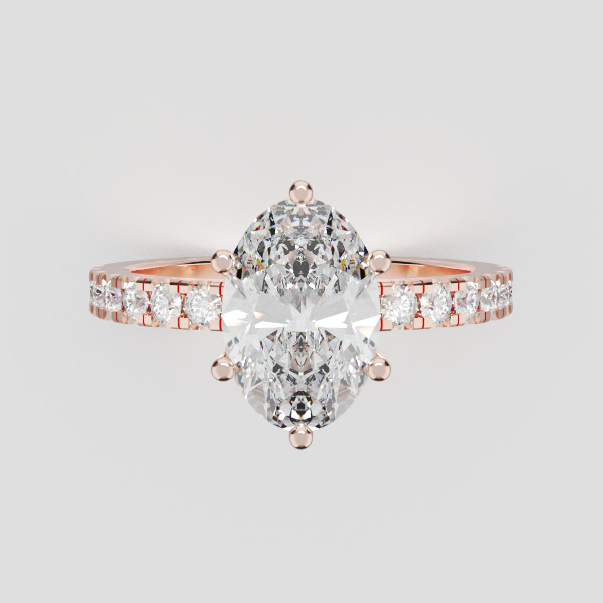Pioggia, 1.5ct oval lab grown diamond engagement ring, 1.8mm Pave, 6 Prongs, 18K rose gold - front view