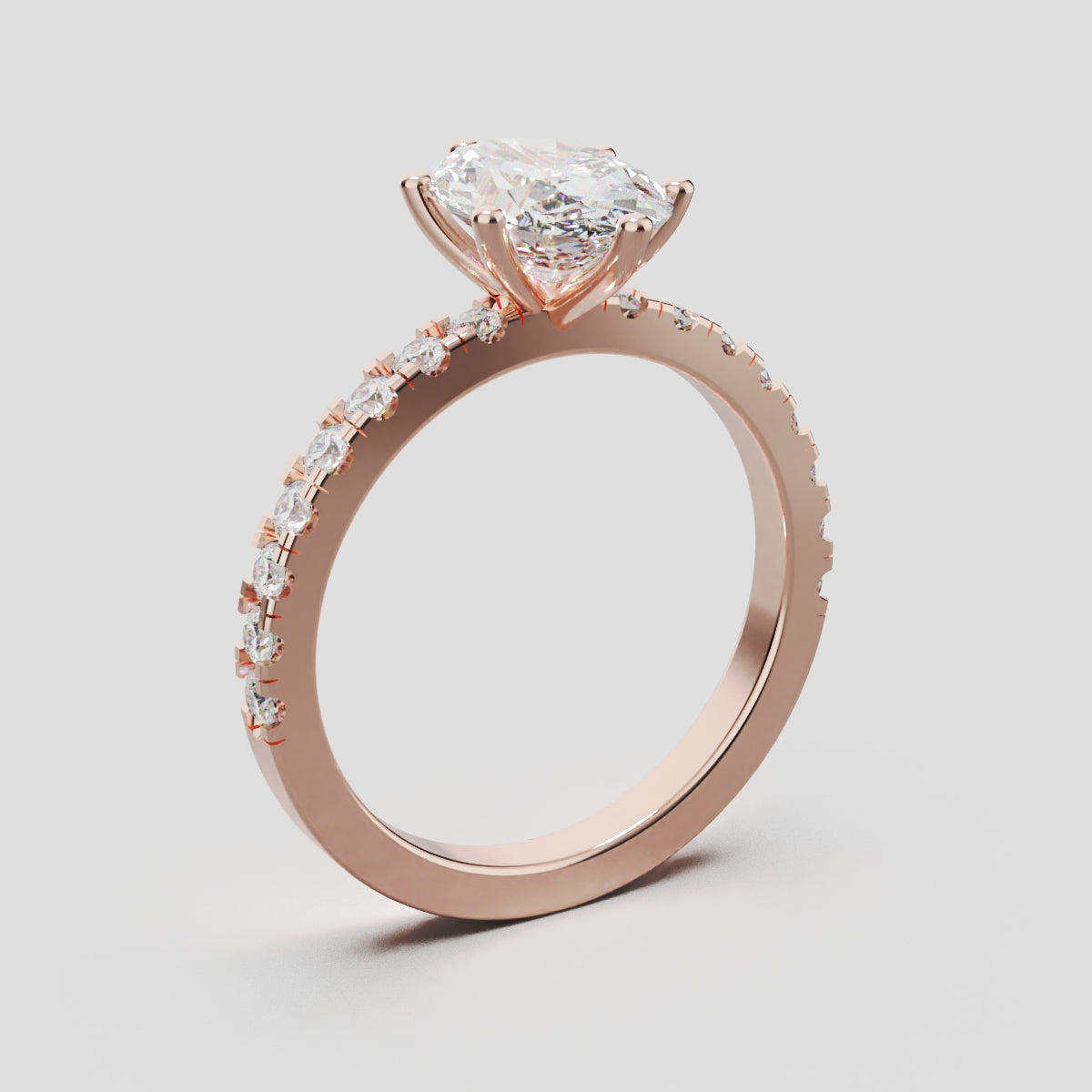 Pioggia, 1.5ct oval lab grown diamond engagement ring, 1.8mm Pave, 6 Prongs, 18K rose gold - ne
