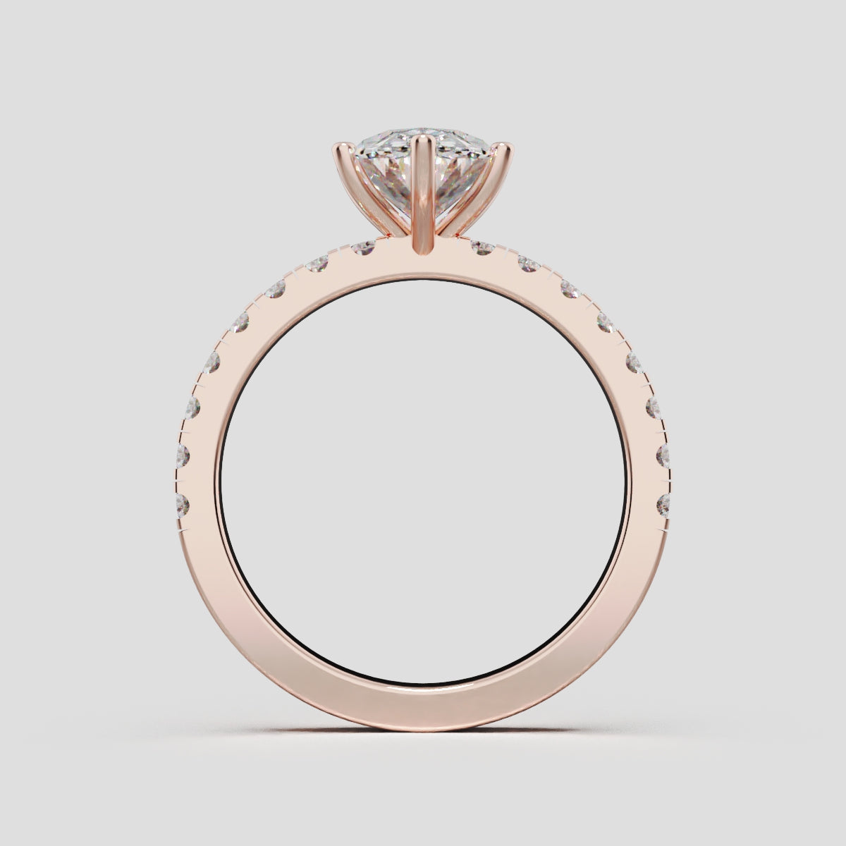 Pioggia, 1.5ct oval lab grown diamond engagement ring, 1.8mm Pave, 6 Prongs, 18K rose gold - through finger