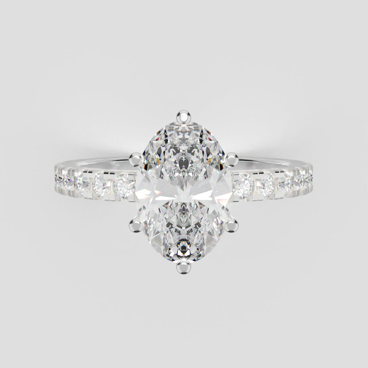 Pioggia, 1.5ct oval lab grown diamond engagement ring, 1.8mm Pave, 6 Prongs, 18K white gold - front view