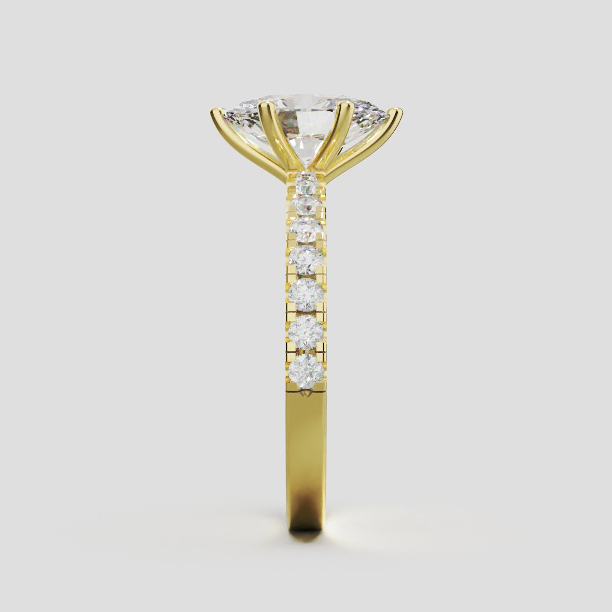 Pioggia, 1.5ct oval lab grown diamond engagement ring, 1.8mm Pave, 6 Prongs, 18K yellow gold - side view