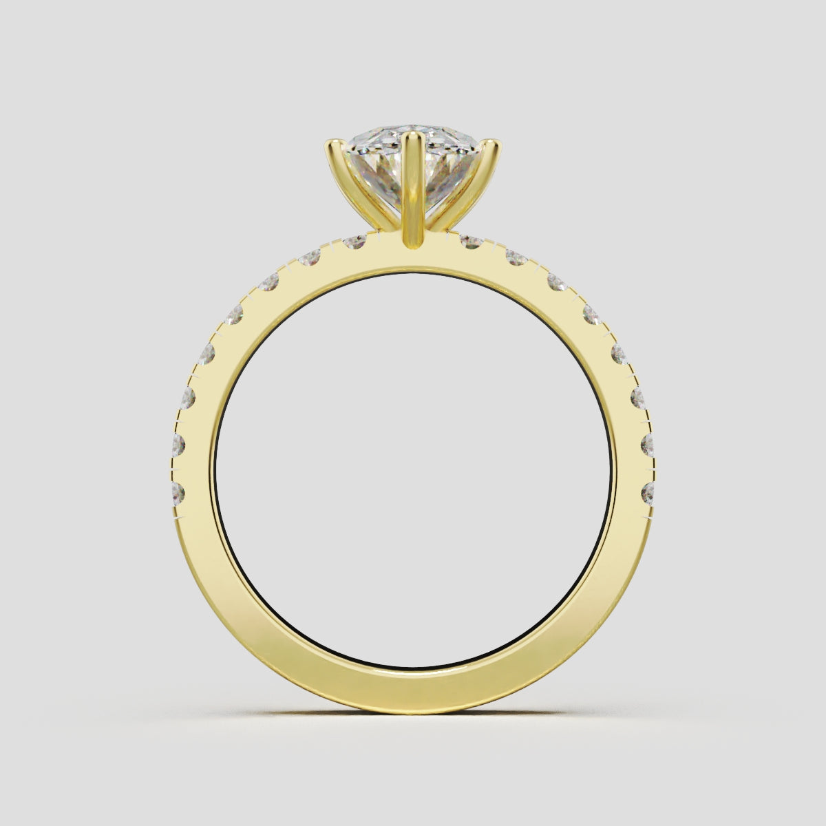 Pioggia, 1.5ct oval lab grown diamond engagement ring, 1.8mm Pave, 6 Prongs, 18K yellow gold - through finger