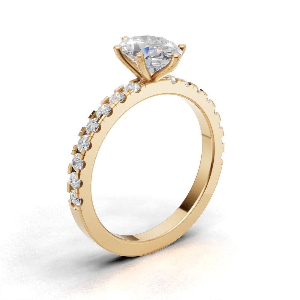 Pioggia, 1ct oval lab grown diamond engagement ring, 1.8mm Pave, 6 Prongs, 18K yellow gold - ne