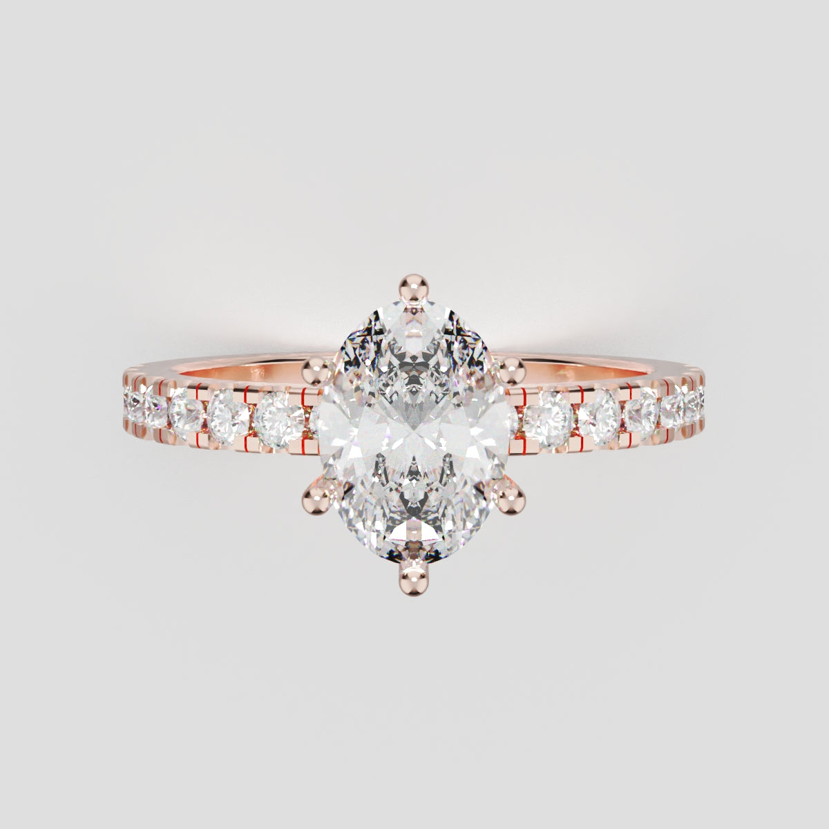 Pioggia, 1ct oval lab grown diamond engagement ring, 1.8mm Pave, 6 Prongs, 18K rose gold - front view