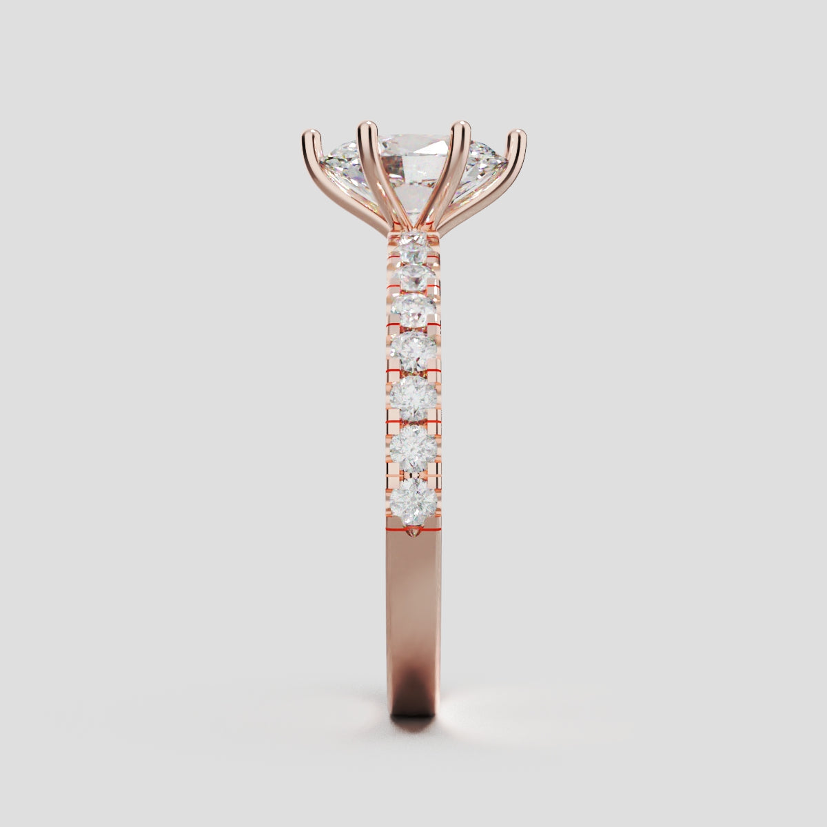 Pioggia, 1ct oval lab grown diamond engagement ring, 1.8mm Pave, 6 Prongs, 18K rose gold - side view