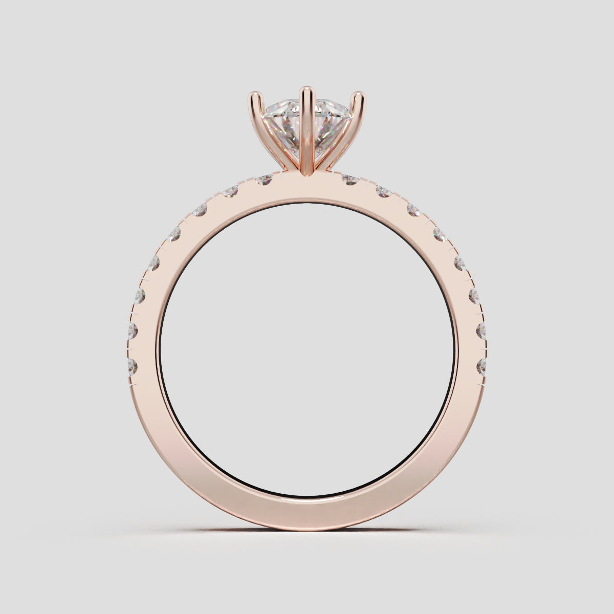 Pioggia, 1ct oval lab grown diamond engagement ring, 1.8mm Pave, 6 Prongs, 18K rose gold - through finger
