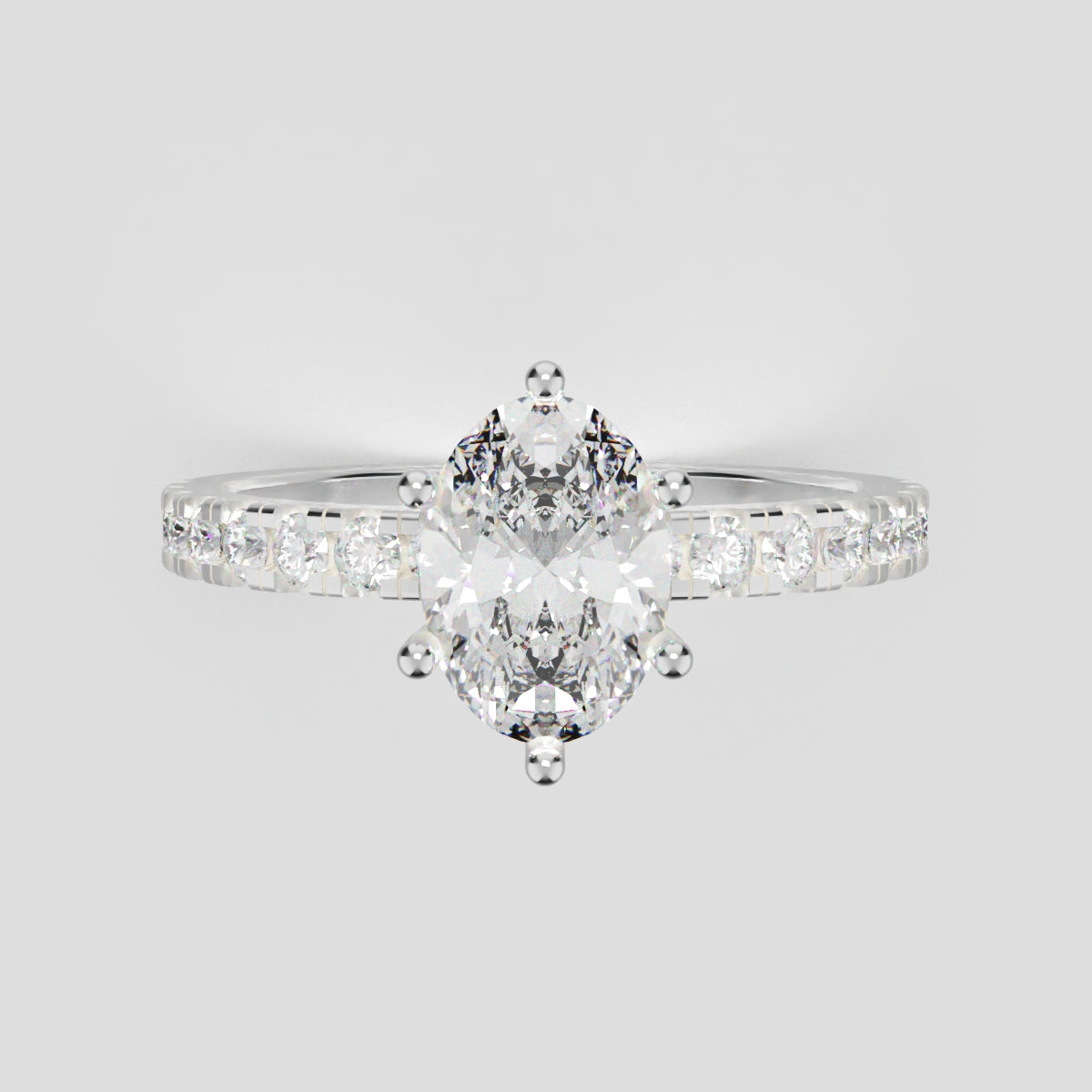 Pioggia, 1ct oval lab grown diamond engagement ring, 1.8mm Pave, 6 Prongs, 18K white gold - front view