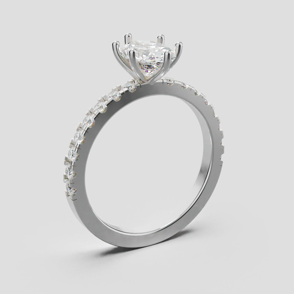 Pioggia, 1ct oval lab grown diamond engagement ring, 1.8mm Pave, 6 Prongs, 18K white gold - ne