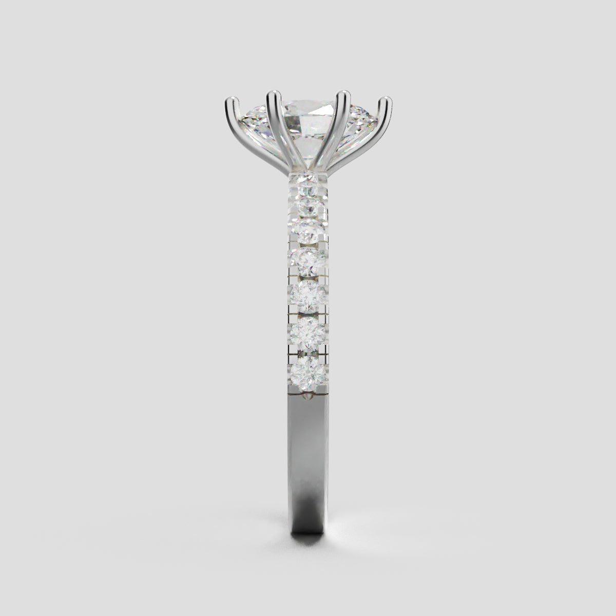 Pioggia, 1ct oval lab grown diamond engagement ring, 1.8mm Pave, 6 Prongs, 18K white gold - side view