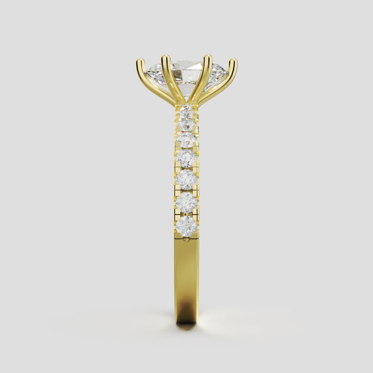 Pioggia, 1ct oval lab grown diamond engagement ring, 1.8mm Pave, 6 Prongs, 18K yellow gold - side view