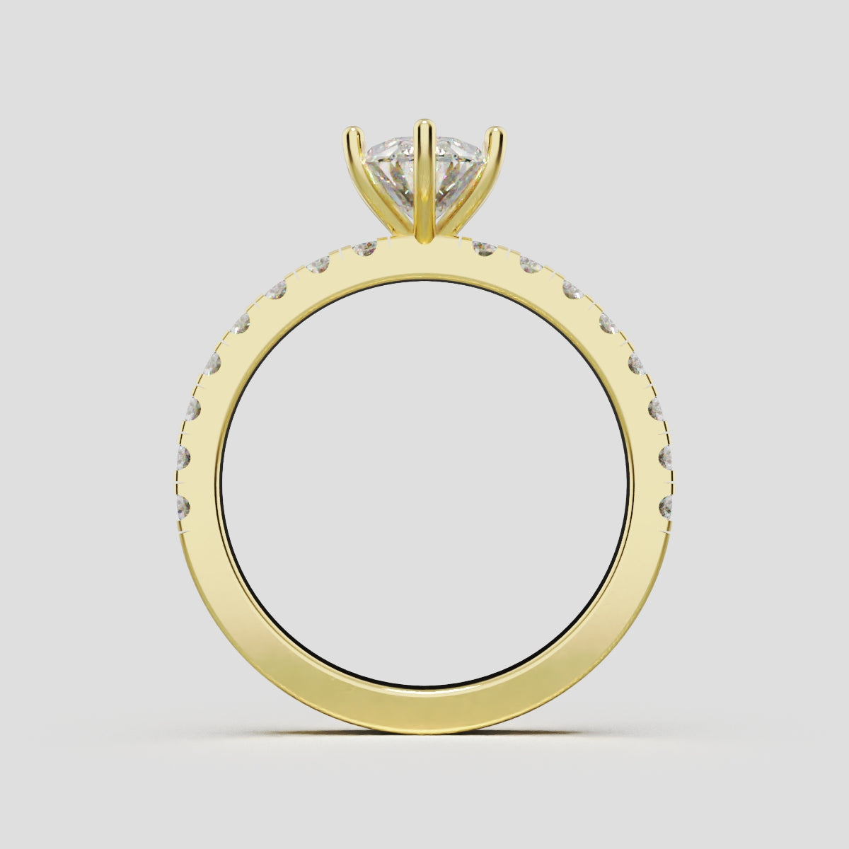 Pioggia, 1ct oval lab grown diamond engagement ring, 1.8mm Pave, 6 Prongs, 18K yellow gold - through finger