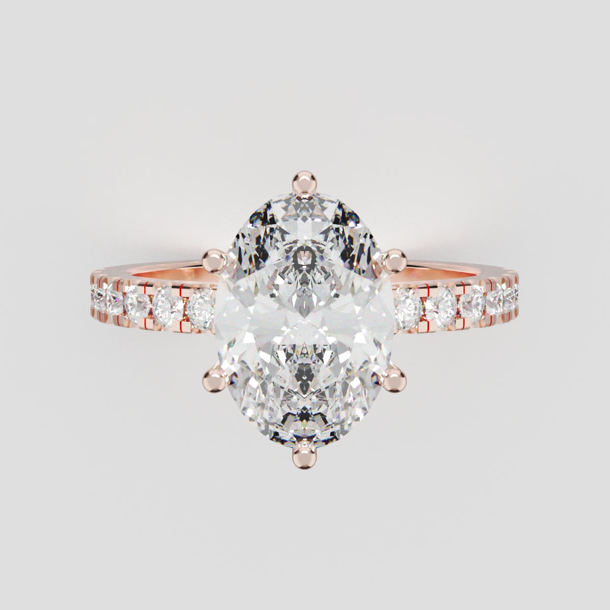 Pioggia, 2ct oval lab grown diamond engagement ring, 1.8mm Pave, 6 Prongs, 18K rose gold - front view