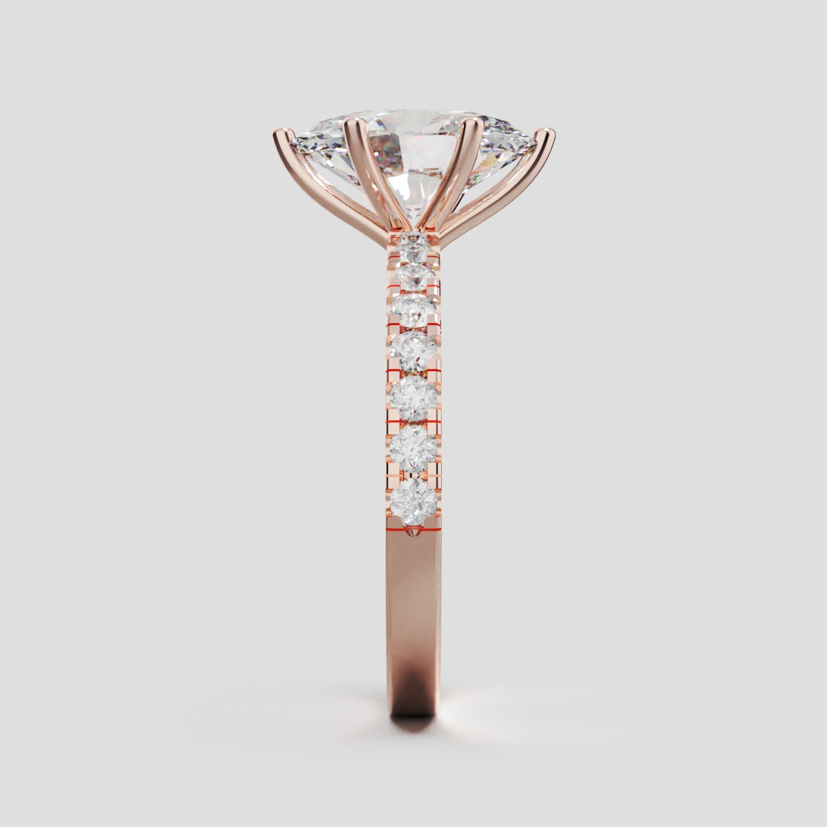 Pioggia, 2ct oval lab grown diamond engagement ring, 1.8mm Pave, 6 Prongs, 18K rose gold - side view