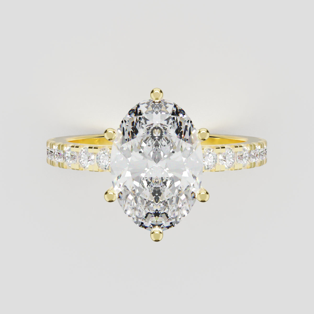 Pioggia, 2ct oval lab grown diamond engagement ring, 1.8mm Pave, 6 Prongs, 18K yellow gold - front view