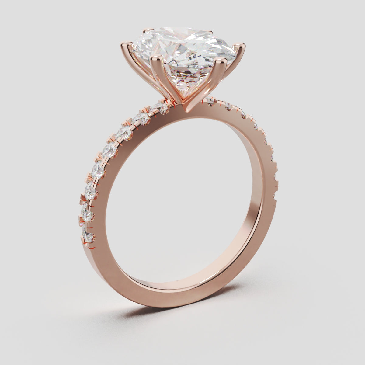 Pioggia, 3ct oval lab grown diamond engagement ring, 1.8mm Pave, 6 Prongs, 18K rose gold - ne