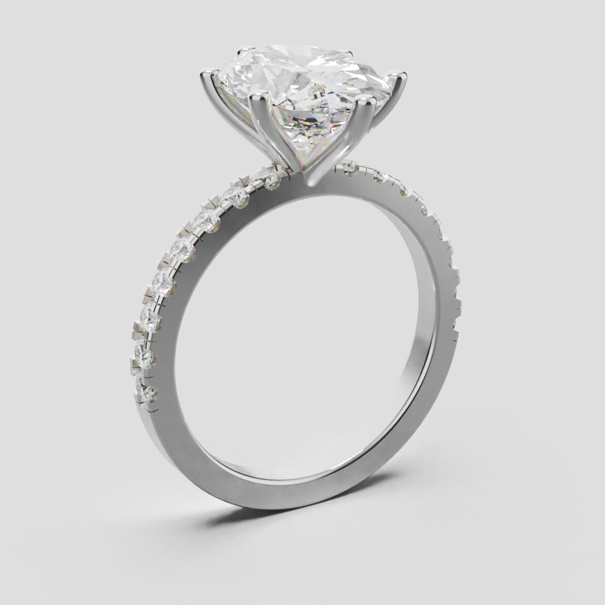 Pioggia, 3ct oval lab grown diamond engagement ring, 1.8mm Pave, 6 Prongs, 18K white gold - ne