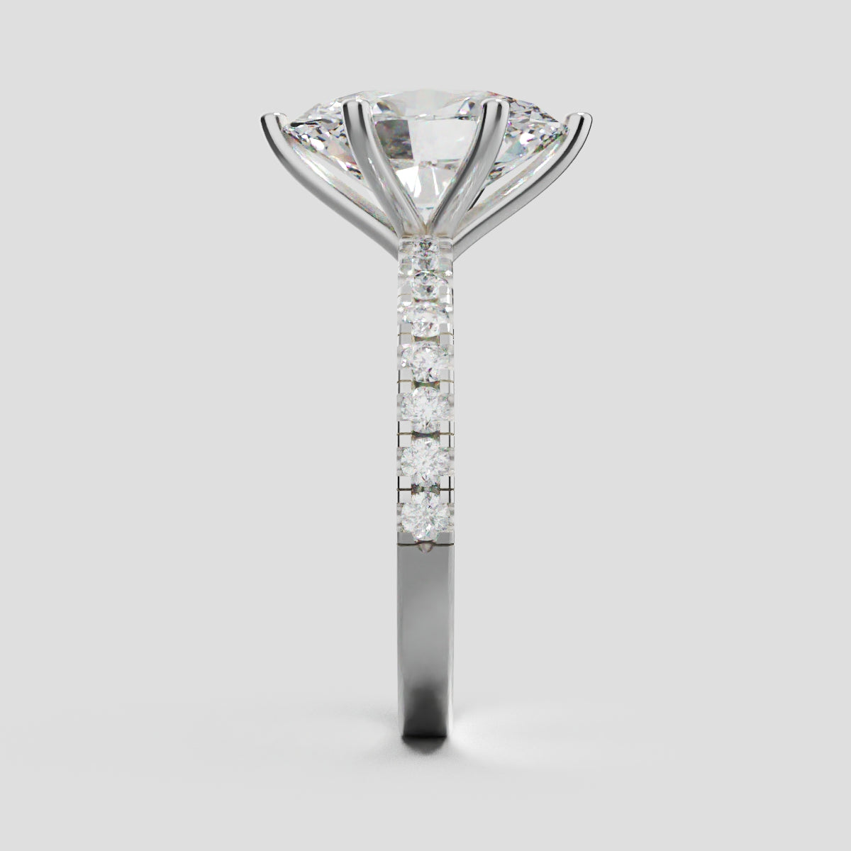 Pioggia, 3ct oval lab grown diamond engagement ring, 1.8mm Pave, 6 Prongs, 18K white gold - side view