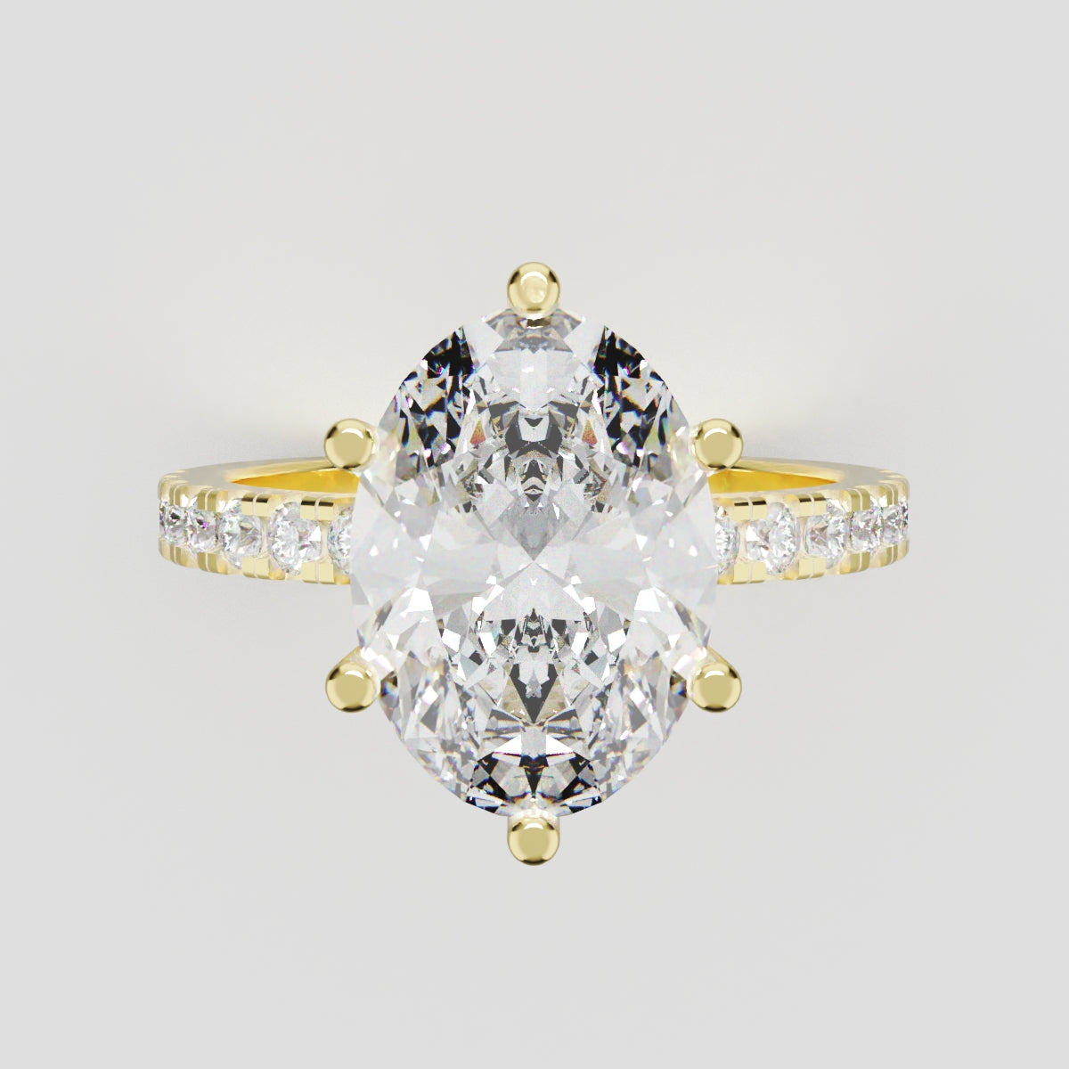 Pioggia, 3ct oval lab grown diamond engagement ring, 1.8mm Pave, 6 Prongs, 18K yellow gold - front view