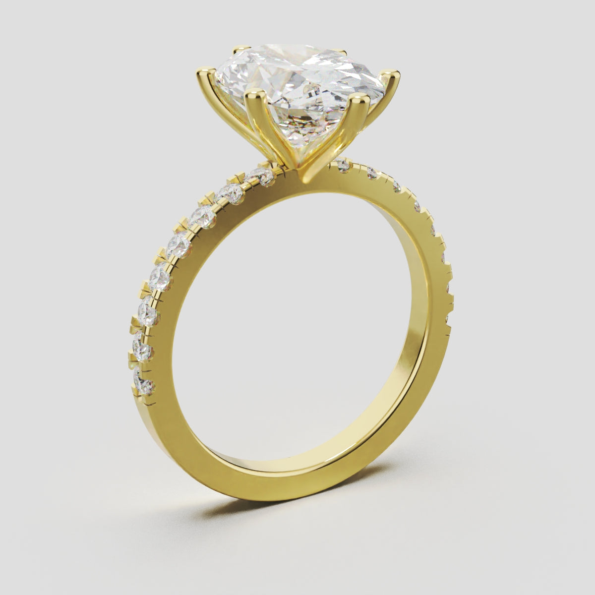Pioggia, 3ct oval lab grown diamond engagement ring, 1.8mm Pave, 6 Prongs, 18K yellow gold - ne
