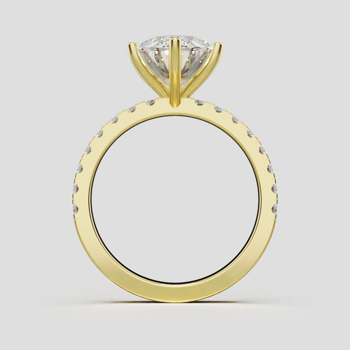 Pioggia, 3ct oval lab grown diamond engagement ring, 1.8mm Pave, 6 Prongs, 18K yellow gold - through finger