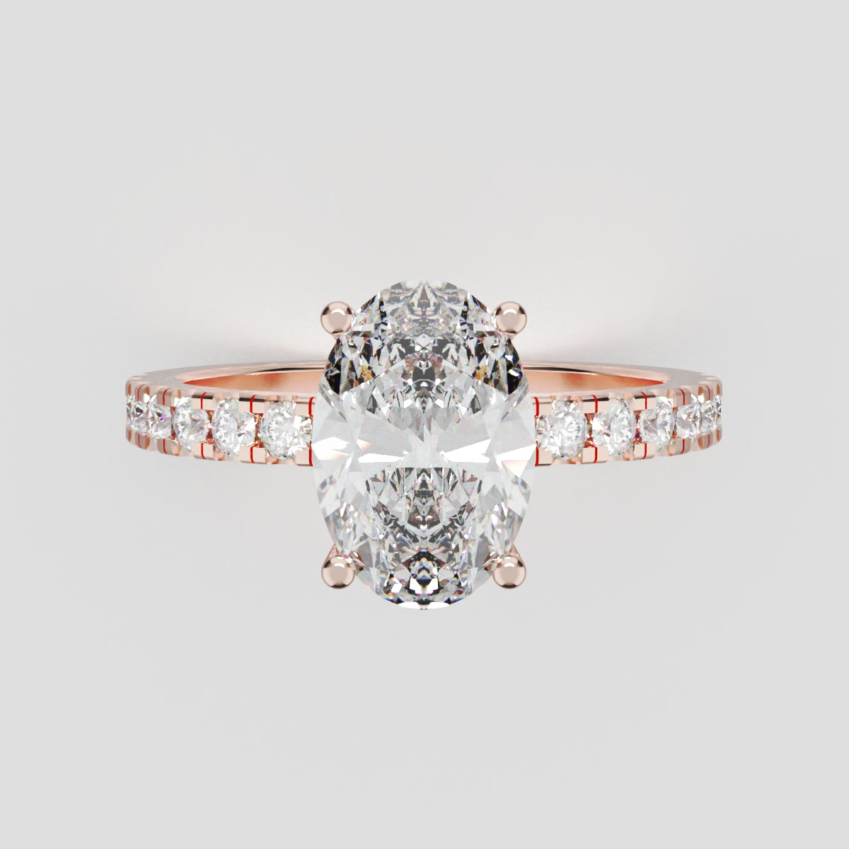 Foschia, 1.5ct oval lab grown diamond engagement ring, 1.8mm Pave, Hidden Halo, 18K rose gold - front view
