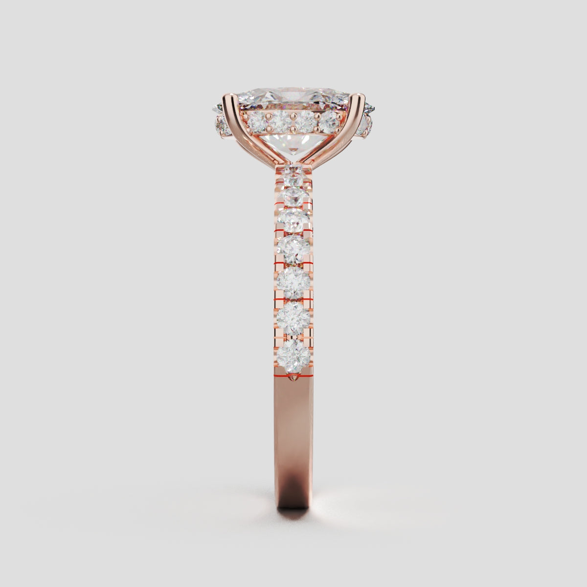 Foschia, 1.5ct oval lab grown diamond engagement ring, 1.8mm Pave, Hidden Halo, 18K rose gold - side view