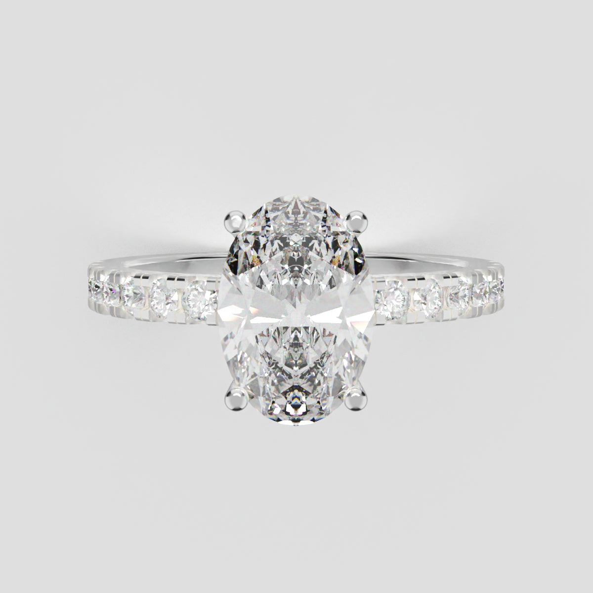 Foschia, 1.5ct oval lab grown diamond engagement ring, 1.8mm Pave, Hidden Halo, 18K white gold - front view